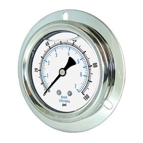 PIC Gauges 204L-208R Front Flanged Panel Mount Glycerine Filled Pressure Gauge w/ SS Case/Bezel, Brass Internals, PC Lens, 2" Dial, 0/5000 psi Range, 1/8" Male NPT