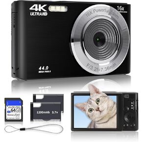 Black Digital Camera 2024 Newest 4K 44MP Digital Cameras for Teens, Digital Point and Shoot Camera for Kids with 16X Zoom, 64GB SD Card, Compact Small Camera for Boys Girls Teens Kids Gift