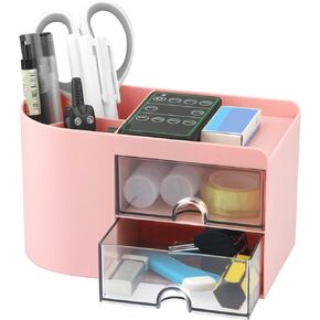 Small Desk Organizer with Drawer, Desktop Stationery Cosmetic Organizer with 6 Compartments, Pen Holder for Office Supplies, Cosmetics - Pink