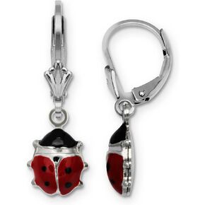 Jewelryweb - Sterling Silver Rhodium-plated Red Enamel Lady Bug Lever Back Earrings - 7mmx25mm - Cute Earrings for Girls