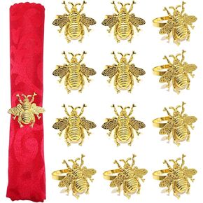 Bumblebee Napkin Rings Holder Set of 12 Gold Eco-Friendly Metal Bee Napkin Ring Insect Serviette Holder for Wedding Party Dinner Christmas Holidays Decor