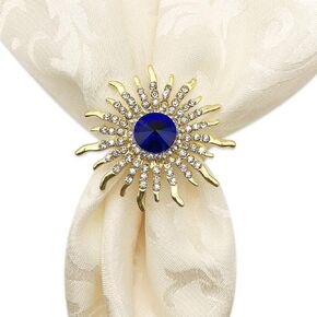 Set of 6 Sunflower Napkin Rings Blue Crystal Napkin Buckles Holder for Wedding,Parties, Dinners, Christmas, Holidays Decor (Gold)