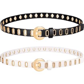 Skinny Grommet Belt Set, Black Belt with Gold Buckle for Women Dresses Jeans