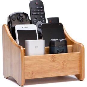 Arolly Premium Bamboo Remote Controls Holder for Table - Bamboo Wood Remote Control Caddy with 3 Compartments - Office Supplies Desk Storage Organizer - Multifunctional Desk Organizer