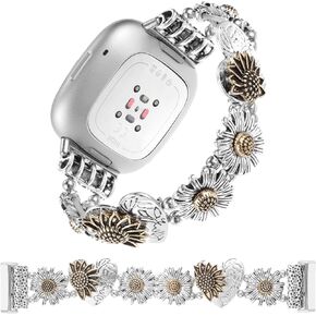 Stretchy Metal Bracelet Bands Compatible with Fitbit Versa 3/ Versa 4/ Sense/Sense 2 Bands, Women Fancy Elastic Sunflower Heart Dressy Stainless Replacement Wristband Strap Compatible with Fitbit Sense/Versa 3/Versa 4 Smartwatch