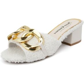 Juicy Couture Women's Fashion Low Heel Slides Luxury Fur Slippers Open Toe Cushioned Casual Flat Sandals for Outdoor Indoor