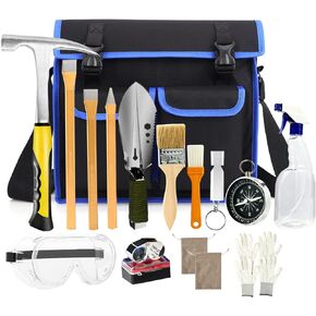 17PCS Geology Rock Pick Hammer Kit, 32oz Hammer & 3 PCS Digging Chisels Set for Rock Hounding, Gold Mining & Prospecting Equipment Tool with Multi-function Sholve, Compass, Whistle, Chisel