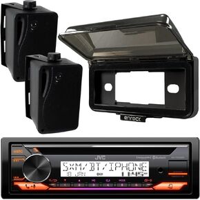 JVC KD-T92MBS Single DIN Marine Motorsports Bluetooth AM/FM USB AUX CD Player Stereo Receiver, Pyle 3.5" 200 Watt Peak Power 3-Way Weatherproof Black Box Speakers (Pair), Radio Cover in Saudi Arabia