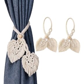 2 Pcs Boho Curtain Tiebacks,Curtain Tie Backs,Hand Knitting Cotton Curtain Holdbacks with Adjustable Natural Wooden Bead,Double Leaves Farmhouse Theme Curtain Tie Backs