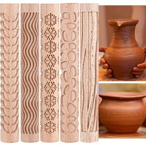 5 Pieces Christmas Pottery Tools Handmade Clay Roller Set Wooden Handle Clay Texture Roller Slab Roller Leaves Snowflake Pattern 5.9 Inch Clay Textured Rolling Pins for Ceramics