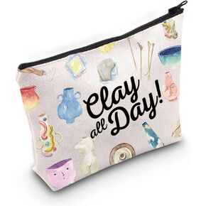 WZMPA Pottery Cosmetic Makeup Bag Ceramic Artist Gift Clay All Day Zipper Pouch Travel Bag For Pottery Teacher Student (Clay All Day)