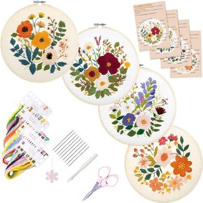 Bonroy 4 Sets Embroidery Kit for Beginners with Instructions,Cross Stitch Kits for Adults with Pattern,Needlepoint Kits for Adult Include Embroidery Cloth Hoops Needles Threads