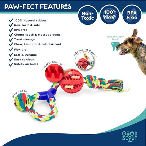 Good Scout Rubber Dental Ball & Cotton Rope Dog Toys for Tugging & Chewing, Best Dog Toy for Fetch, Aggressive Chew Toy for Puppies & Adult Dogs, No Stuffing Dog Toy for Medium & Large Dogs, 1.95-Inch in Saudi Arabia