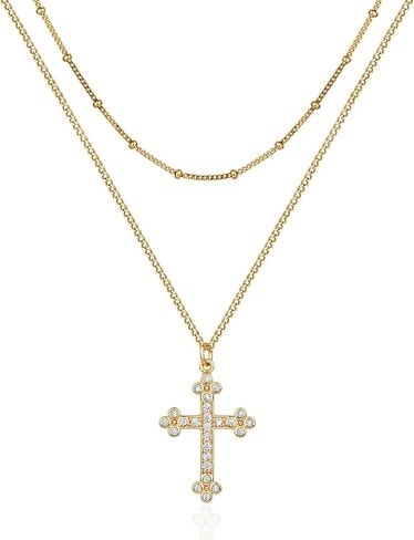 Gold Cross Necklace for Women Jewelry 14K Gold Plated Necklaces 2 Layered Necklace Dainty Cross Pendant Choker Necklace Trendy Jewelry Gifts in Saudi Arabia