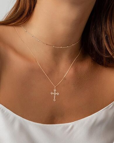 Gold Cross Necklace for Women Jewelry 14K Gold Plated Necklaces 2 Layered Necklace Dainty Cross Pendant Choker Necklace Trendy Jewelry Gifts in Saudi Arabia