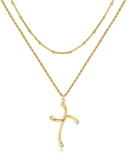 Gold Cross Necklace for Women Jewelry 14K Gold Plated Necklaces 2 Layered Necklace Dainty Cross Pendant Choker Necklace Trendy Jewelry Gifts in Saudi Arabia