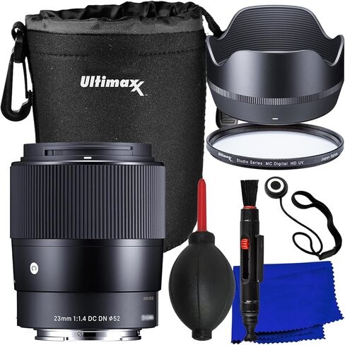 Ultimaxx Essential Sigma 23mm f/1.4 DC DN Contemporary Lens Bundle (E Mount) - Includes: Protective UV Filter, Water-Resistant Lens Pouch, Lens Hood, Universal Lens Cap Keeper & More (10pc Bundle) in Saudi Arabia