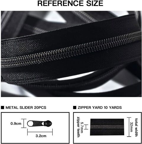سحاب كبير من TBACW بطول 5 ياردات، 5 سحابات للخياطة، سحاب ملفوف من النايلون الأسود بالياردة، سحاب خياطة بديل مع 20 قطعة منزلق بسحاب لحقائب الخياطة اليدوية in Kuwait
