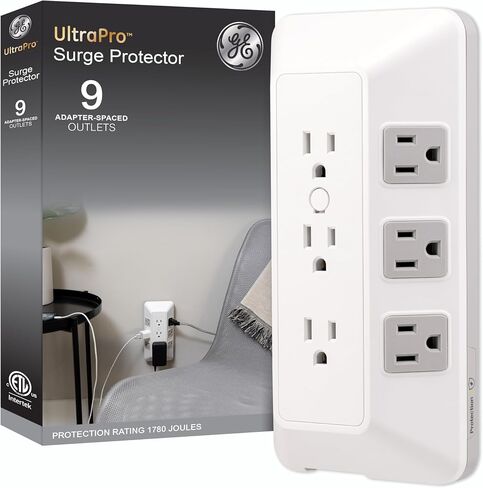 GE 9-Outlet Surge Tap, Outlet Extender, Wall Tap, Adapter Spaced, for Home, School, and Office,1780J, White/Gray - 73628 in Saudi Arabia
