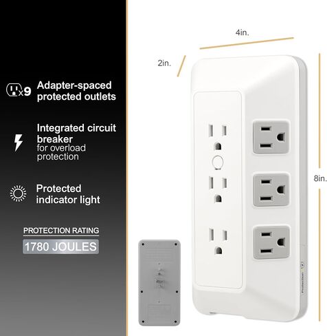 GE 9-Outlet Surge Tap, Outlet Extender, Wall Tap, Adapter Spaced, for Home, School, and Office,1780J, White/Gray - 73628 in Saudi Arabia