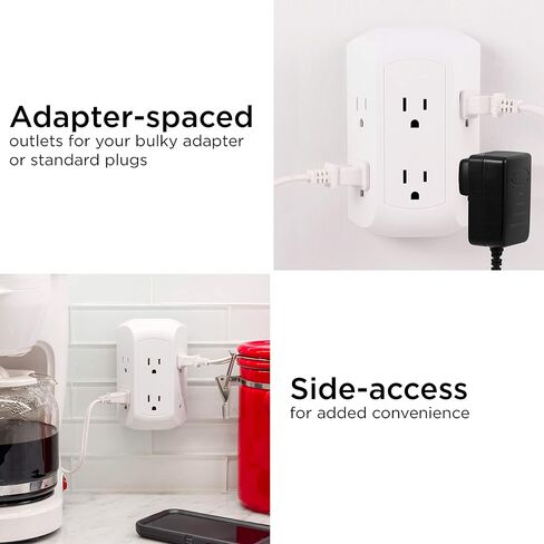 GE 9-Outlet Surge Tap, Outlet Extender, Wall Tap, Adapter Spaced, for Home, School, and Office,1780J, White/Gray - 73628 in Saudi Arabia