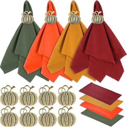 مجموعة من 8 مناديل قماشية لعيد الشكر مع حلقات منديل أوراق القيقب، مجموعة مناديل كوكتيل من نسيج القطن قابلة لإعادة الاستخدام وحامل حلقات منديل الخريف لطاولة العشاء في العطلات (نمط حيوي، متعدد الألوان) in Kuwait