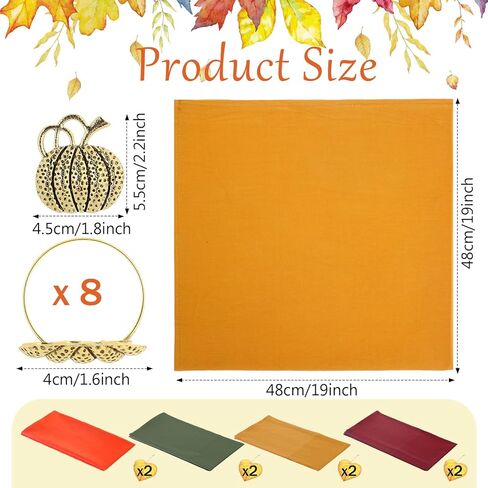 مجموعة من 8 مناديل قماشية لعيد الشكر مع حلقات منديل أوراق القيقب، مجموعة مناديل كوكتيل من نسيج القطن قابلة لإعادة الاستخدام وحامل حلقات منديل الخريف لطاولة العشاء في العطلات (نمط حيوي، متعدد الألوان) in Kuwait