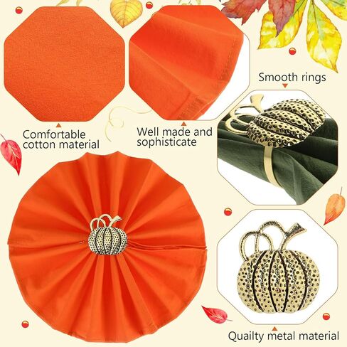 مجموعة من 8 مناديل قماشية لعيد الشكر مع حلقات منديل أوراق القيقب، مجموعة مناديل كوكتيل من نسيج القطن قابلة لإعادة الاستخدام وحامل حلقات منديل الخريف لطاولة العشاء في العطلات (نمط حيوي، متعدد الألوان) in Kuwait