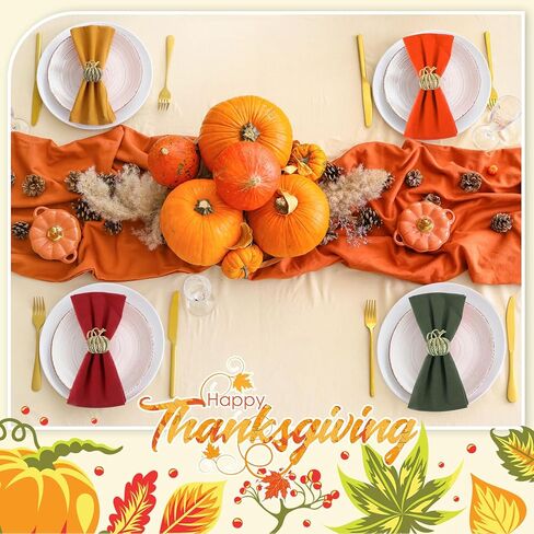 مجموعة من 8 مناديل قماشية لعيد الشكر مع حلقات منديل أوراق القيقب، مجموعة مناديل كوكتيل من نسيج القطن قابلة لإعادة الاستخدام وحامل حلقات منديل الخريف لطاولة العشاء في العطلات (نمط حيوي، متعدد الألوان) in Kuwait