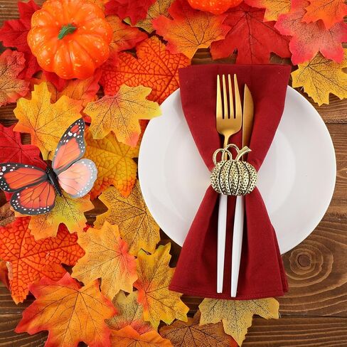 مجموعة من 8 مناديل قماشية لعيد الشكر مع حلقات منديل أوراق القيقب، مجموعة مناديل كوكتيل من نسيج القطن قابلة لإعادة الاستخدام وحامل حلقات منديل الخريف لطاولة العشاء في العطلات (نمط حيوي، متعدد الألوان) in Kuwait