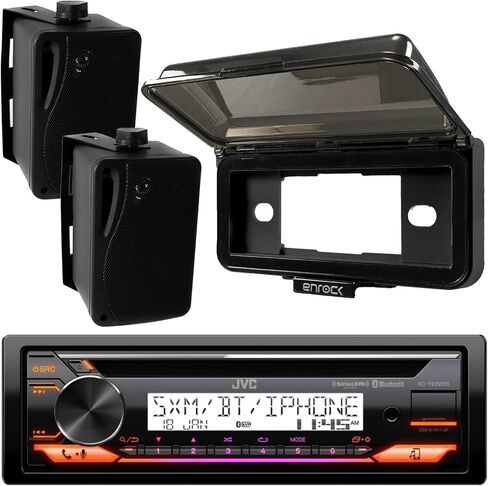 JVC KD-T92MBS Single DIN Marine Motorsports Bluetooth AM/FM USB AUX مشغل أقراص مضغوطة مستقبل ستيريو، بايل 3.5 بوصة 200 واط ذروة الطاقة 3 اتجاهات مقاومة للطقس مكبرات صوت صندوق أسود (زوج)، غطاء راديو in Saudi Arabia
