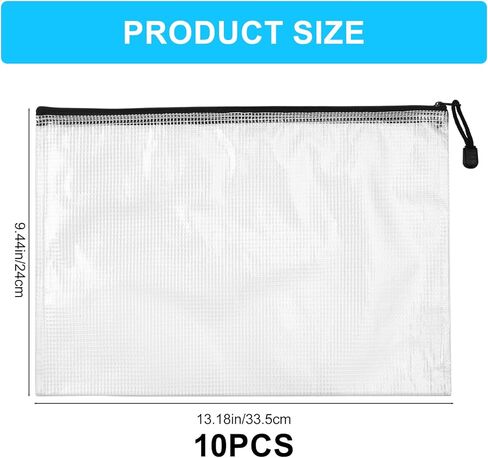 حقيبة شبكية بسحاب، 10 قطع من أكياس المستندات الشبكية بسحاب بلاستيكي مقاس A4، أكياس شفافة بسحاب مقاومة للماء، مجلدات ملفات بسحاب لتنظيم لوازم المكتب المنزلية وتخزين ألعاب الطاولة، 13 × 9.4 بوصة in Kuwait