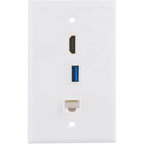 Halokny Wall Plate 3Port HDMI USB Cat6 RJ45 Outlet Wall Plate, 1 x HDMI Jack + 1 x Cat6 RJ45 Ethernet + 1 x USB 3.0 Jack Support Keystone Wall Plate for Face Plate, White