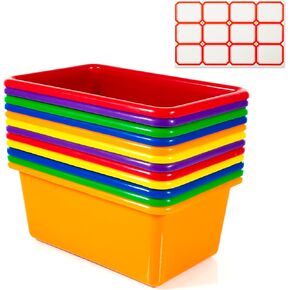 Small Cubby Bins 12 Piece Pack for Office Storage Kids Classroom or Toy Home Organizing Cube Bin with Plastic Container Self Adhesive Labels (11.6 x 7.7 x 4.9 Inch
