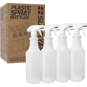 RRS-PSB32-4 HDPE Heavy Duty Leak Proof, Clear Plastic Spray Bottles, with Adjustable Non-Clogging Nozzle, For Commercial, Industrial, Household and Gardening Use, Measurements in oz, 4-Pack