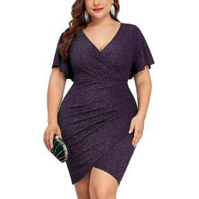 ZOMVA Plus Size 1X-4X Sparkly Glitter Ruched Bodycon Mini Dress Sparkle Sequin Wrap Ruffle Sleeve Dress Cocktail Party Formal