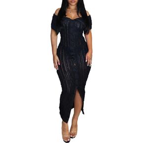Off Shoulder Dresses for Women Sexy Sleeveless Button Down See Through Mesh Ruffle Bodycon Maxi Club Party Dress
