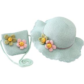 Girls Straw Hat Purse Bag Set Lace Brim Flowers Pearl Summer Beach Sun Hat Princess Shoulder Crossbody Bag Chin Strap