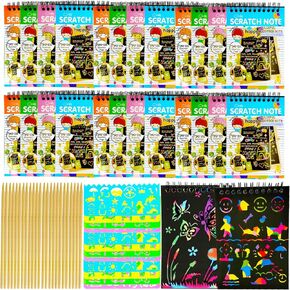 smilixin 24 Pack Scratch Notebooks,Rainbow Scratch Paper Art Notebooks,Scratch Note Pads for Kids Rainbow Party Favors,Scratch Arts and Crafts Notebooks with 24 Wooden Stylus & 12 Drawing Stencils