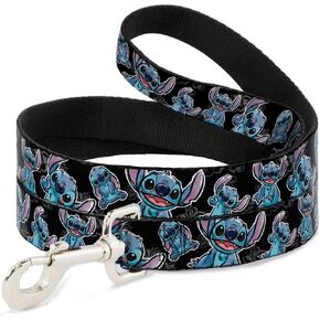 Buckle-Down Pet Leash - Stitch Poses/Hibiscus Sketch Black/Gray/Blue - 4 Feet Long - 1/2" Wide