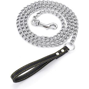 4ft Metal Dog Leash with Leather Handle Heavy Duty Dog Chain Leash Chew Proof Sturdy Training Pet Lead for Large Medium Dogs Black