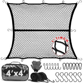 Cargo Net for Pickup Truck Bed, Highly Elastic Truck Bed Net, 4' X 4' Stretches to 7' X 7' Truck Bed Cargo Net, 1" X 1" Dense Mesh Truck Cargo Net with 18 Metal Hooks & 2 Elastic Straps for Cargo, SUV