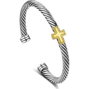 Cable Bracelet for Women, Fashion Cross Heart Two Tone Cuff Bracelet Mixed Metal Dupes Adjustable Bracelet Jewelry Gifts for Her