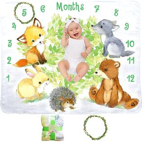 Evovee Woodland Baby Monthly Milestone Blanket Girl Boy Forest Animal Newborn Month Growth Chart Age Photo Photography Backdrop Props Unisex Gender Neutral Wreath New Moms Leaves Nursery Decor