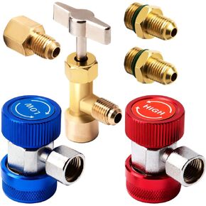 SAVITA Car Air Tool Set, AC R134A Quick Couplers Adapters R134A Can Tap with Tank Adapter for Refrigerant Dispenser1/4 Inches and 1/2 Inches Fitting AC Gauge Hose