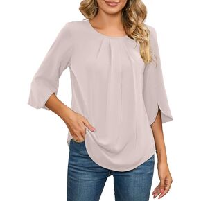 TASAMO Women's Summer Casual Blouse - Lightweight Scoop Neck Cute 3/4 Sleeve Curved Hem Loose Tunic Top for Leggings