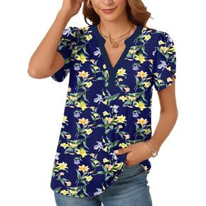syoss Women's Summer Tunic Tops Petal Short Sleeve V Neck Shirts Casual Blouse Spring Loose Fit T-Shirts