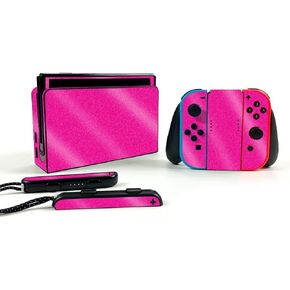 MightySkins Glossy Glitter Skin Compatible with Nintendo Switch OLED - Solid Hot Pink | Protective, Durable High-Gloss Glitter Finish | Easy to Apply and Change Styles | Made in The USA