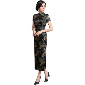 Short Sleeve Cheongsam Long Dress Traditional Mandarin Collar Side Split Qipao Vintage Chinese Costume