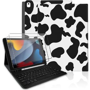 TopPerfekt for iPad 9th Generation Keyboard Case 10.2" 2021, Magnetically Absorbent, Auto Sleep/Wake, Pencil Holder with 2 Tempered Film for iPad 8th/7th Gen 10.2" - Black Cow